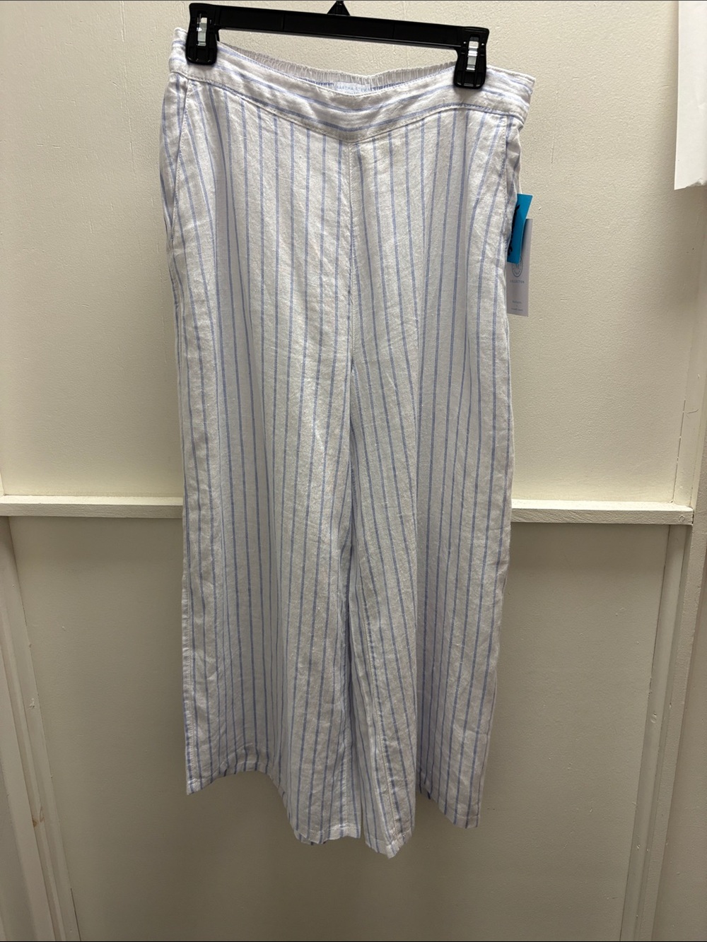 White & Light Blue Striped Linen  Wide-Leg Pants- NWT